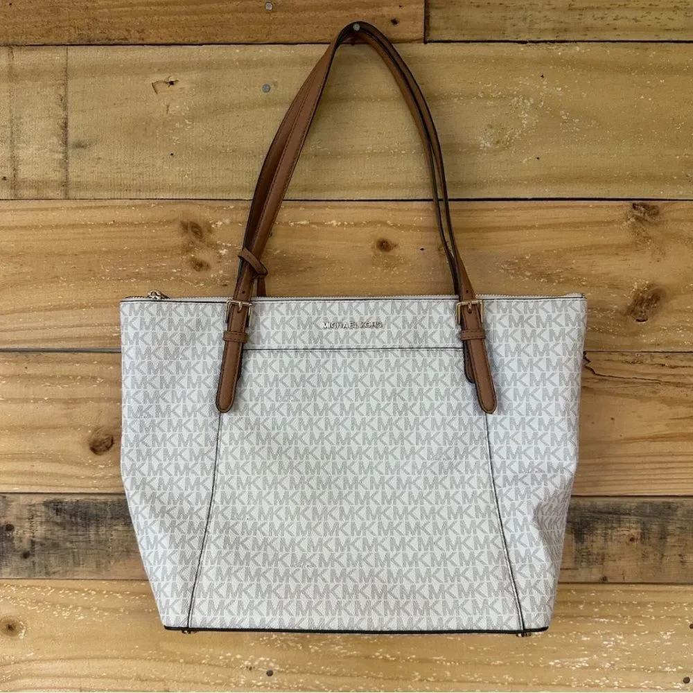 NWOT Michael Kors Ciara Vanilla & Tan Large TZ Tote Leather Bag Top Zip Logo - Picture 2 of 8
